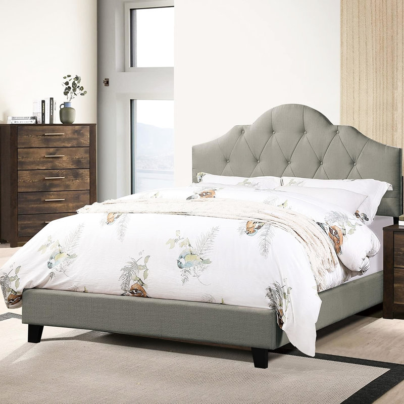 Grand lit avec tête de lit tapissier, cadre en bois de conception arquée en polyfibre gris, lit contemporain réglable