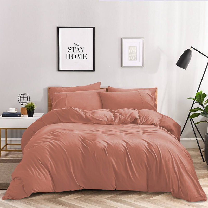 Kamiaya Plain Microfibre 200TC Reversible Duvet Cover Set, Double Duvet Cover + 2 Pillowcases, Peach