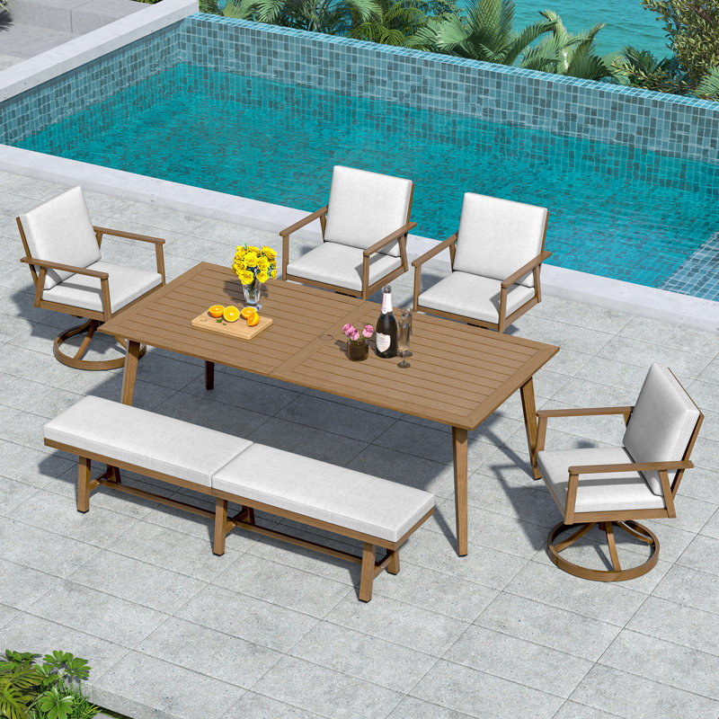 6-Pieces Never-Rust Outdoor Dining Set, Aluminum 8-Person Dining Table with 4 Chairs and 3-Person Backless Bench, Outdoor Patio Dining Furniture Set with Cushion for Lawn, Deck, Garden,Brown