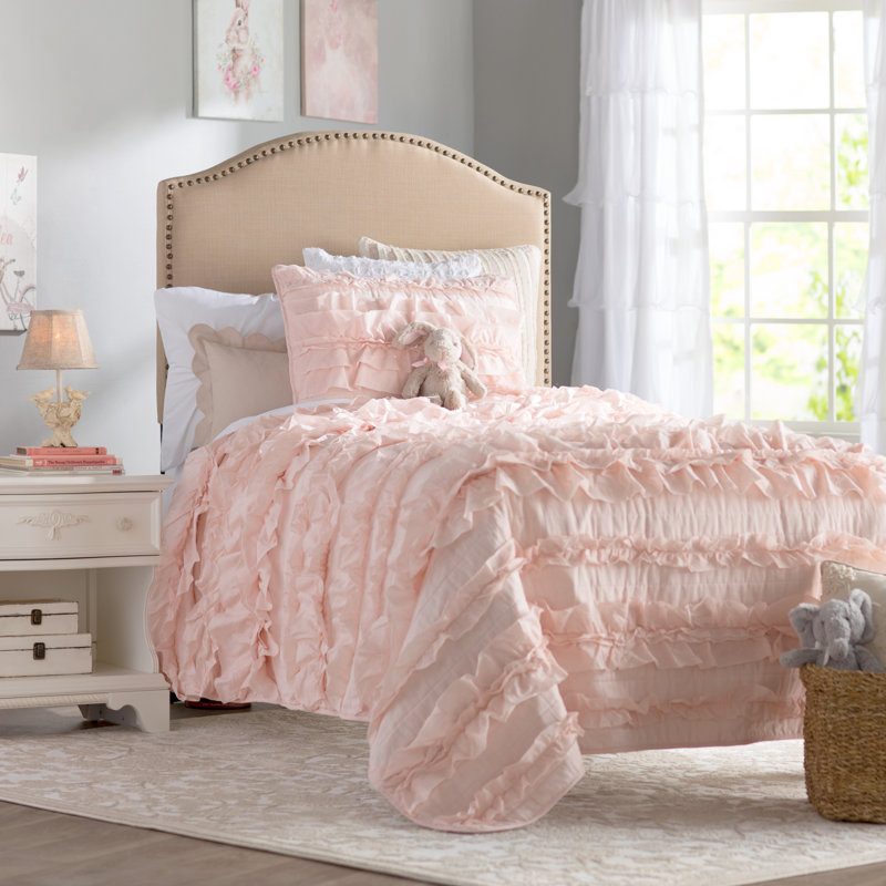 Pink Blush Cotton Twin Reversible Ruffled Quilt Set