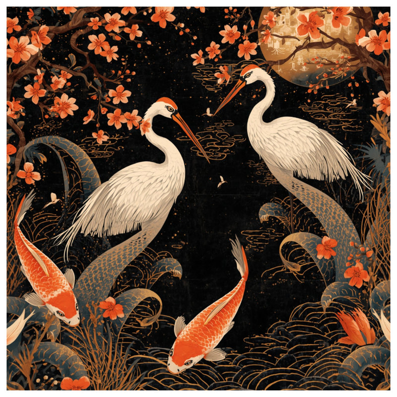 Rideaux de douche Cranes And Koi, L 70 po x H 72 po