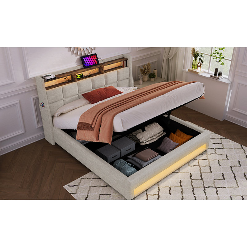 Grand lit plateforme avec ambiance lumineuse et lumineuse - Rangement spacieux et naturel, Naturel, Grand lit