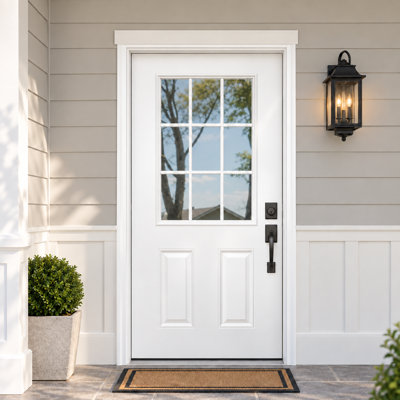 36 in. x 80 in. Fiberglass Entry Door with 9-Lite Half Frosted Glass, 2-Panel Bottom and Unassembled Frame Kit, White Finish
