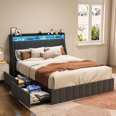 Structure de lit pour chambre à coucher grand lit, 4 tiroirs à DEL, structure en tissu gris avec grands tiroirs - foncé