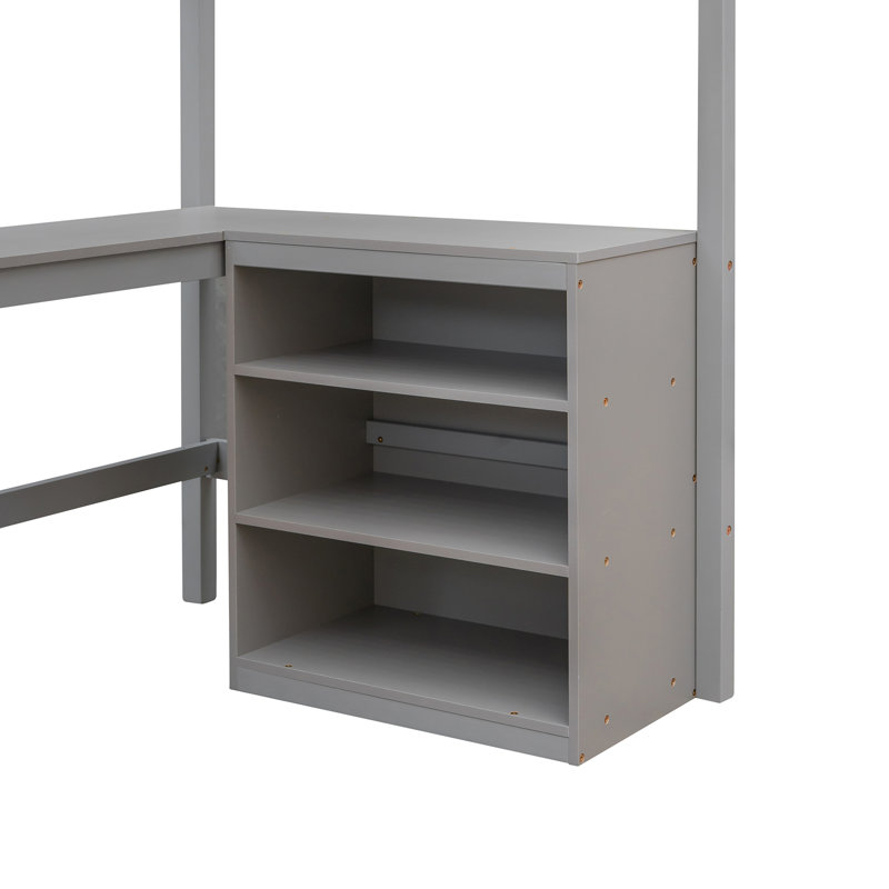 Lit mezzanine simple avec bureau de rangement et tablette - gris, transformez le décor de votre chambre à coucher, bois de pin, tablettes pratiques pour travailler