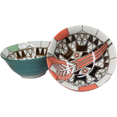 Pack Of 2 Made In Japan FLW Imperial Hotel Peacock Orange And Green Bowls 18Oz