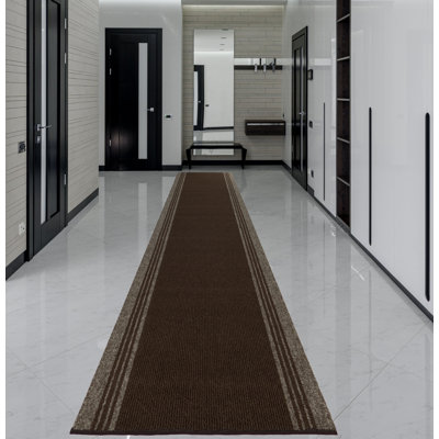 Indoor / Outdoor Custom Size Heavy Duty Runner Rug Solid Bordered Brown With Slip Resistant Latex Backing Customize By Feet With 26", 30" Or 36" Width Option