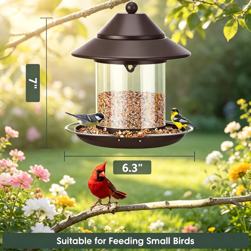 Outdoor Hanging Bird Feeder for Wild Birds, Small Metal Roof Bird Feeder with Clear Tube Seed Capacity for Viewing Cardinals and Finches, Garden and Yard Decoration