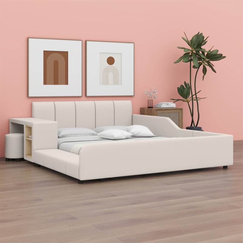 Lit plateforme tapissier avec rangement Leavie, Grand, Beige
