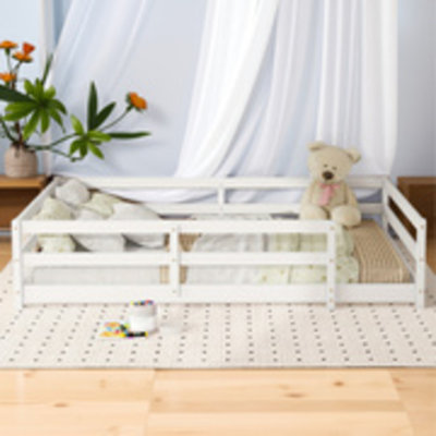 Montessori Full Size Floor Bed With Fence - Sturdy Pine Wood Kids Bed For Boys & Girls, No Box Spring Needed, Multi-functional Sleep/play/reading Space, Easy Assembly，white