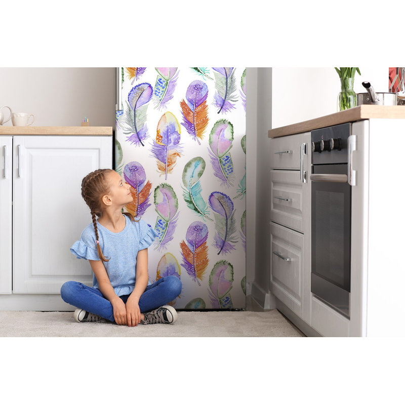 Door Protector Fridge Magnet Cover 70X190 Cm (27,55X74,8 Inch) Decorative Sticker Magnetic Protection Freezer Kitchen Decal For Home - Coloured Feathers