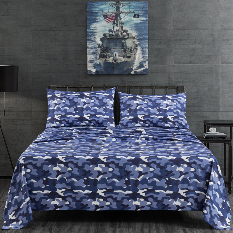 Microfiber Camouflage Sheet Set, Queen Sheet Set with 3 Additional Pieces, Blue/Gray