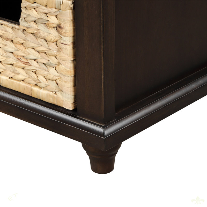 Rustic Storage Bench With 3 Drawers And 3 Rattan Baskets, Espresso