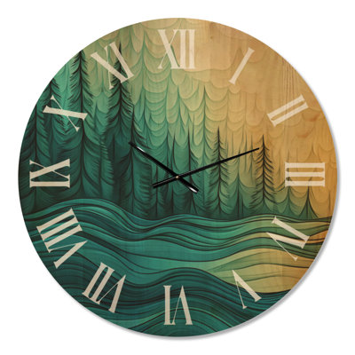 Oversized Nature Wall Clock – Enchanted Pine Forest with Lake Ripples, Printed on Wood