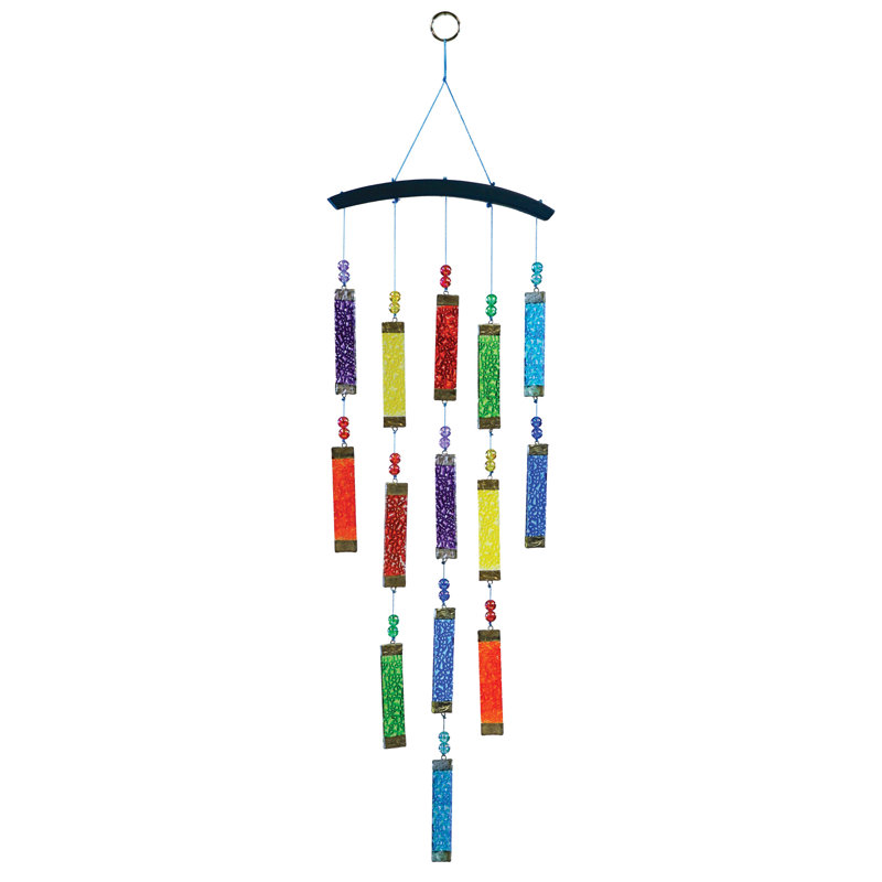 Rainbow Textured Glass and Wood Wind Chime