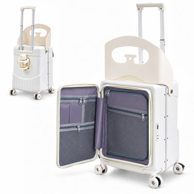 20 Inch ABS Kids Ride On Suitcase, 43L Carry On Luggage with Seat,  360° Silent Spinner Wheels, , TSA Lock, Foldable Cup Holder, Soft Rubber Handles for Travels.