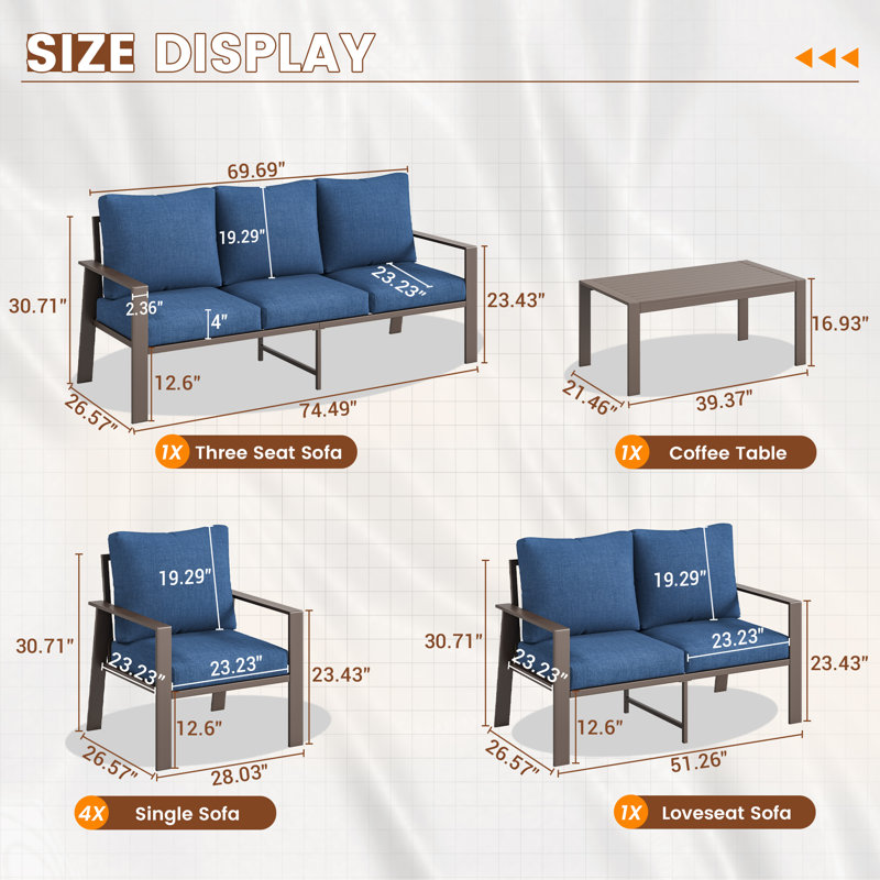 9 Person Sofa Seating Group With Coffee Table, Navy, No