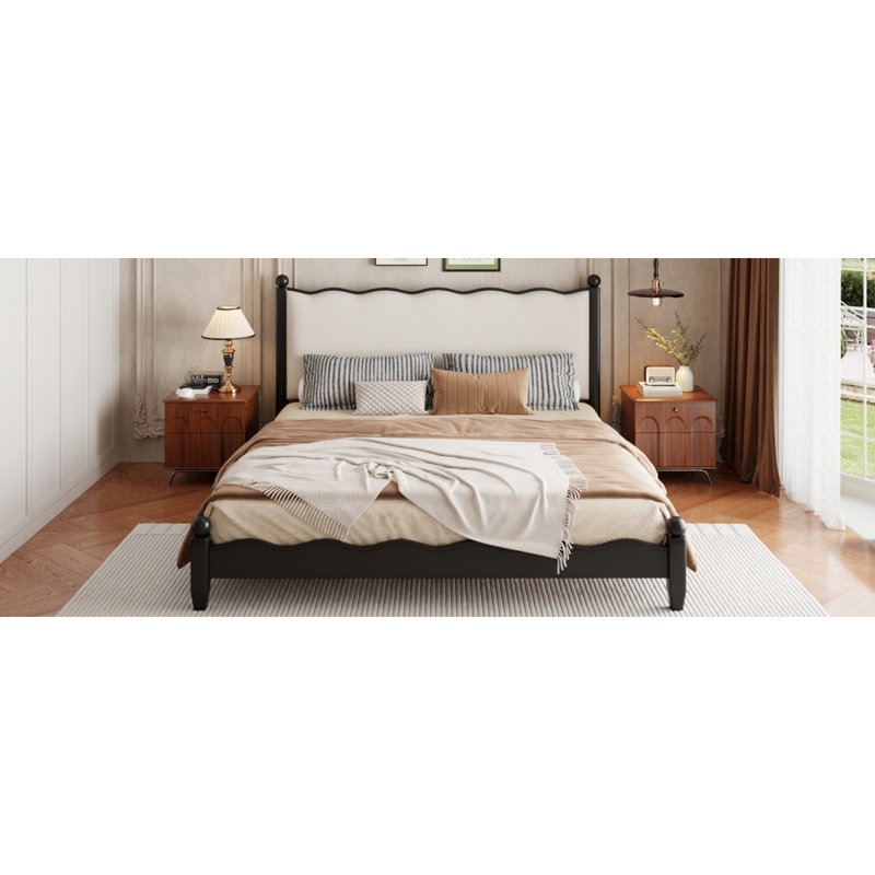 Grand lit plateforme en bois avec tête de lit tapissier, structure noire et tissu beige, Black