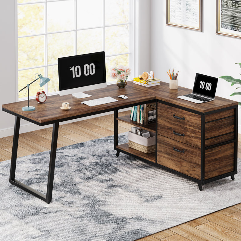 L-Shaped Metal Base Computer Desk, Brown/Black