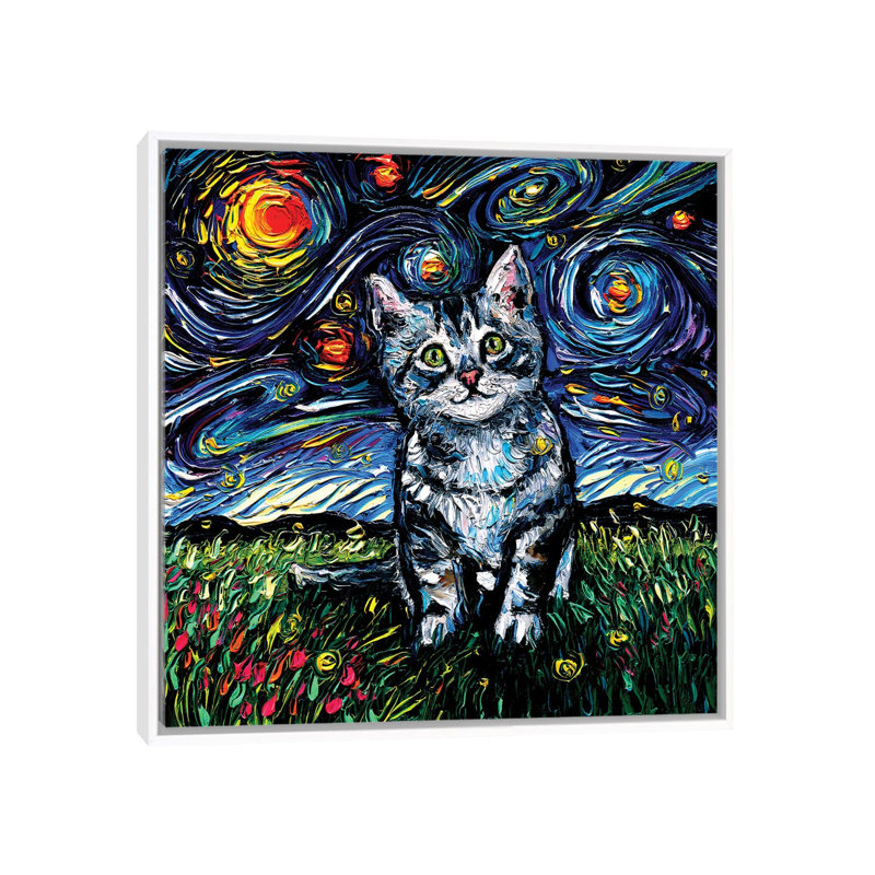 "Gray Kitten Night" par aja Trèves, reproduction d’art, Pas de tapis, H 37 po x l 37 po x P 1,5 po, Toile blanche encadrée