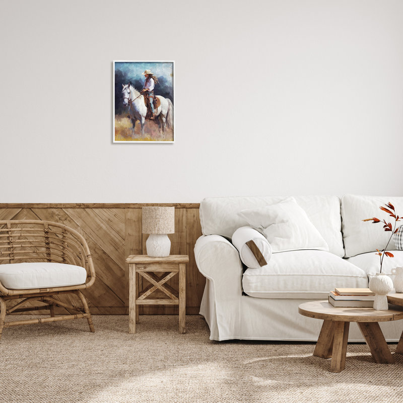«Cowgirl On White Stallion» par Ziwei Li, reproduction, H 20 po x l 16 po x P 1,5 po, Giclée encadrée blanc bord de mer