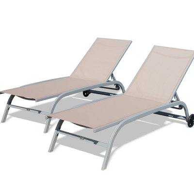 2 Lounge Chairs In Khaki For Outdoor Spaces. 5 Adjustable Position . Patio, Poolside, Deck, Yard, Beach. , Breathable. Easy Assembly And Storage Pool Of 2. Extra-wide Seats. Positions. Protection.