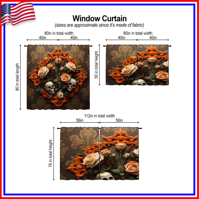 Rideaux de fenêtre Ornate Skull Roses, Transparent, 40in x 82in - 2 panels