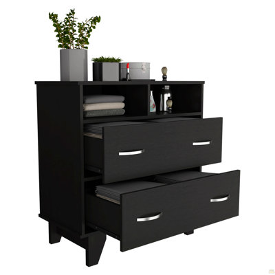 Portanova Two Drawer Dresser, Two Open Shelves, Superior Top,  Four Legs -Black