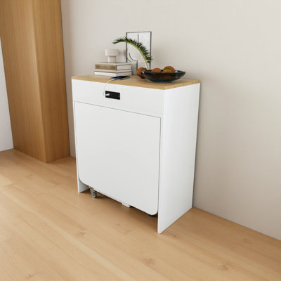 74-inch extendable dining table, equipped with power socket, lockable casters and small space storage cabinet, with a pull-out tabletop kitchen island