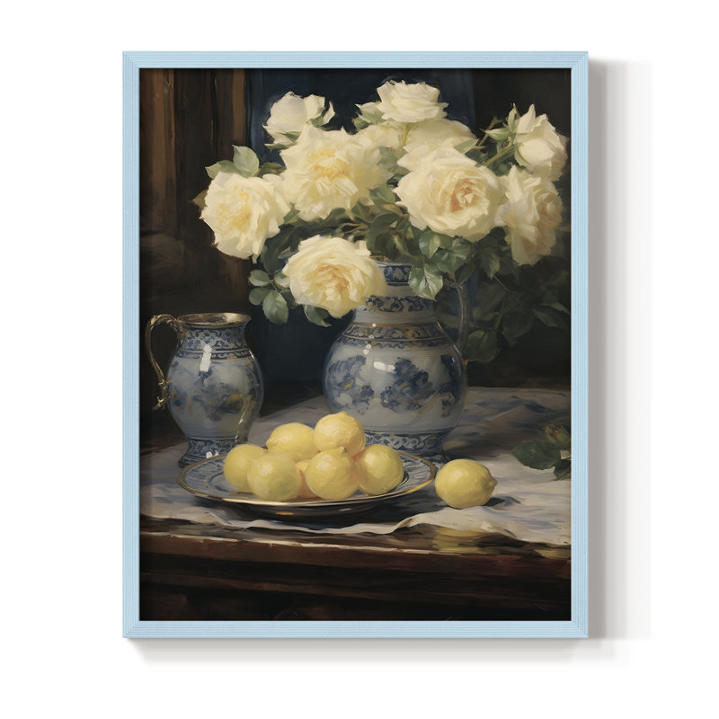 Imprimé floral rétro encadré CCVII - bois massif, H 11 po x l 9 po, Bleu