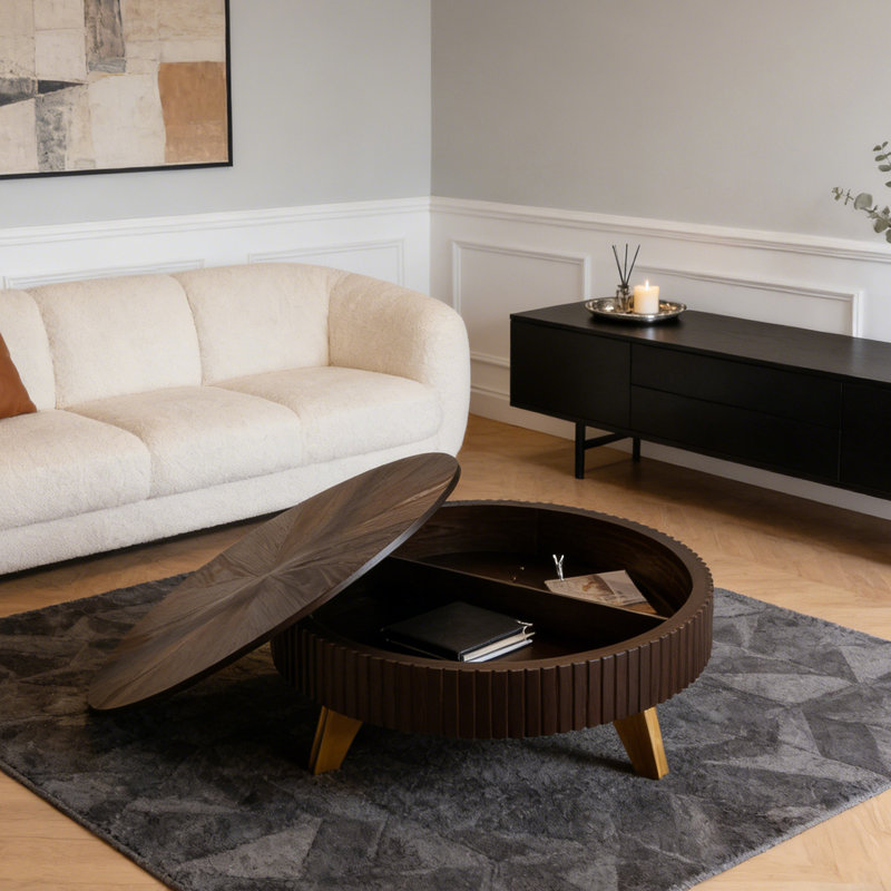 Table basse ronde avec espace de rangement, H 15,7 po x L 39,7 po x l 39,7 po, Brun / Naturel