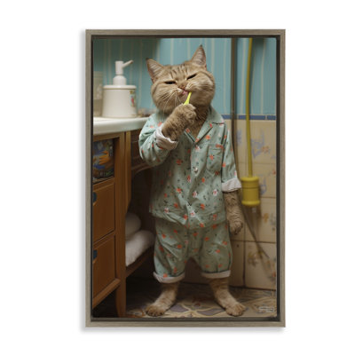 Cat Brushing Teeth Framed Floater Canvas by Roozbeh Bahramali