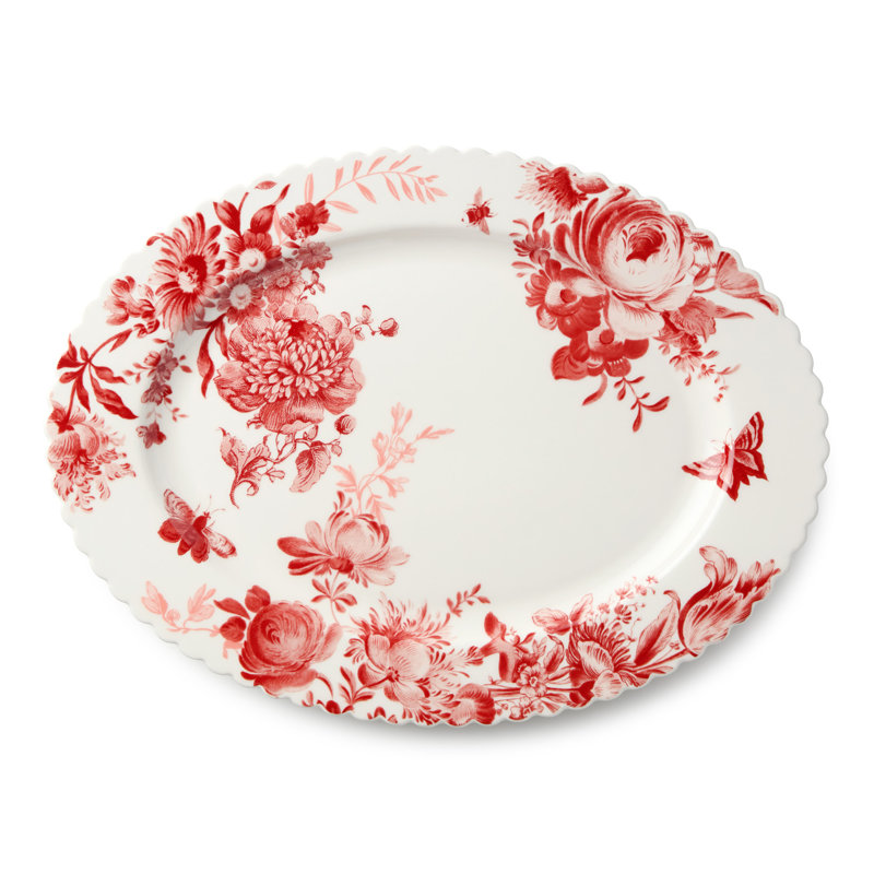 Gabrielle Rose Porcelain Oval Platter 16 x 12 Inches, scalloped floral toile serve platter with interior and rim artwork, classic rose and white tableware for entertaining