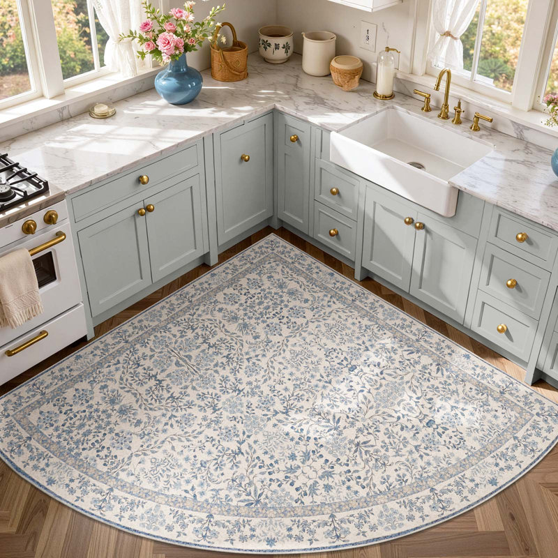 Floral Machine Washable Area Rug, Corner 6' x 6', Blue