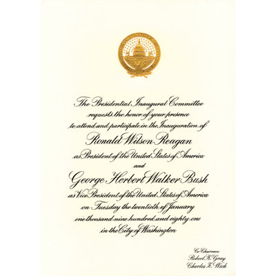 Invitation officielle de l'inauguration présidentielle officielle de Reagan