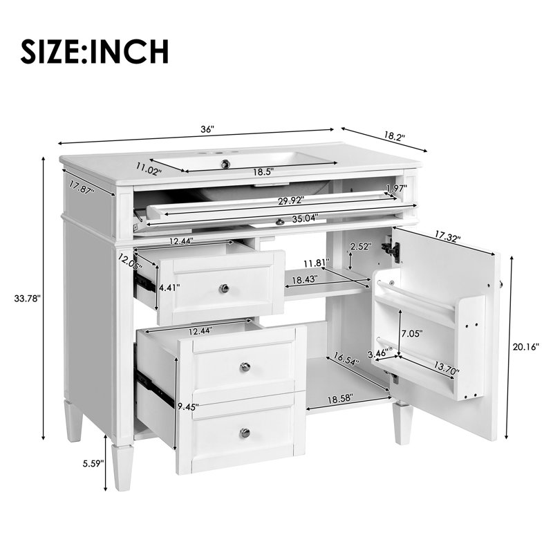 Meuble-lavabo simple avec lavabo supérieur, Blanc / argenté, 36"