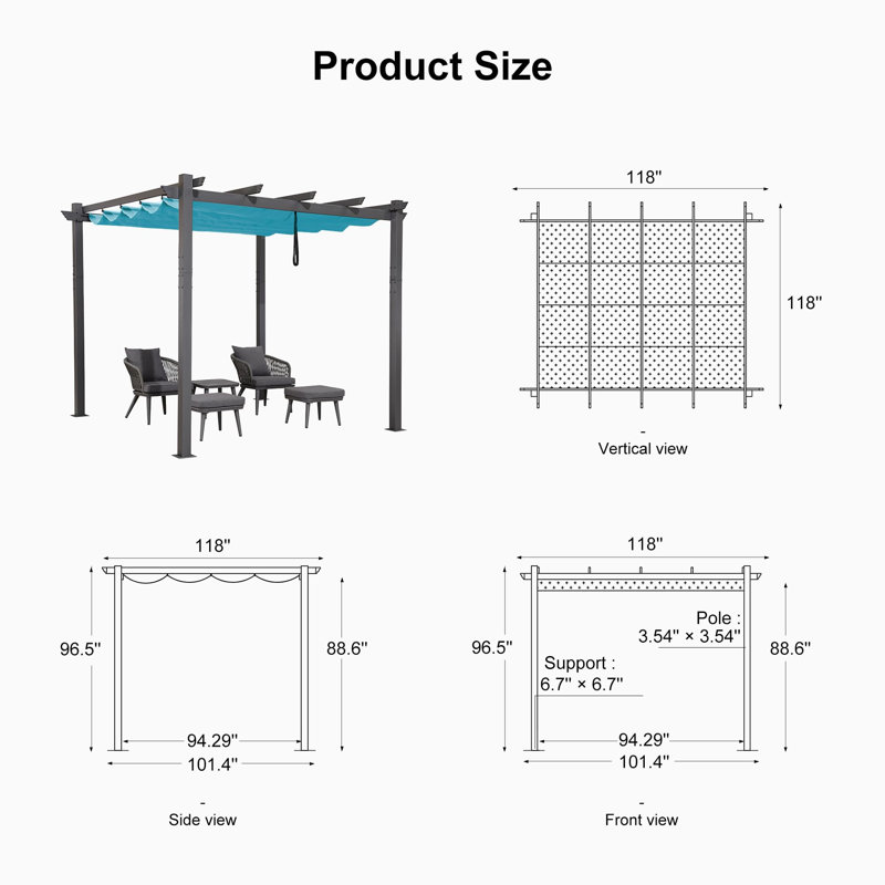 Sim Aluminum Pergola with Canopy, 10 ft. W x 10 ft. D, Blue
