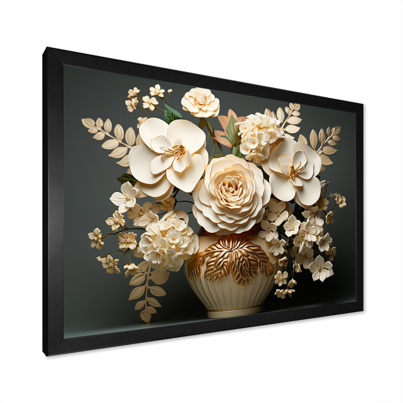 Hortensia baroque blanc et or VI sur toile, Cadre simple noir, H 12 po x l 20 po x P 1 po