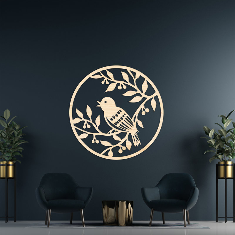 Art mural circulaire avec branches d'arbres et oiseaux - bouleau baltique naturel, H 46 po x l 46 po x P 0,25 po
