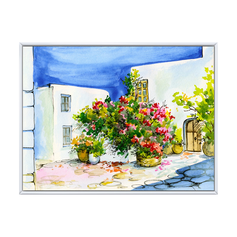 Fleurs colorées dans une maison méditerranéenne X - reproduction de cadre flottant sur toile, H 8 po x l 12 po x P 1 po