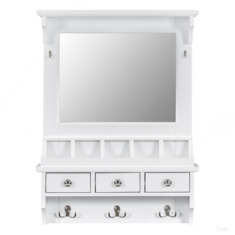 Meuble-lavabo flottant avec grand miroir, meuble-lavabo mural avec tiroirs, pochettes et crochets, rangement décoratif pour petits espaces, blanc