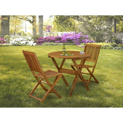 3 Piece Patio Bistro Sets Wood Folding Table Set Contains a Round Outdoor Acacia Wood Coffee Table and 2 Folding Side Chairs, Natural Oil