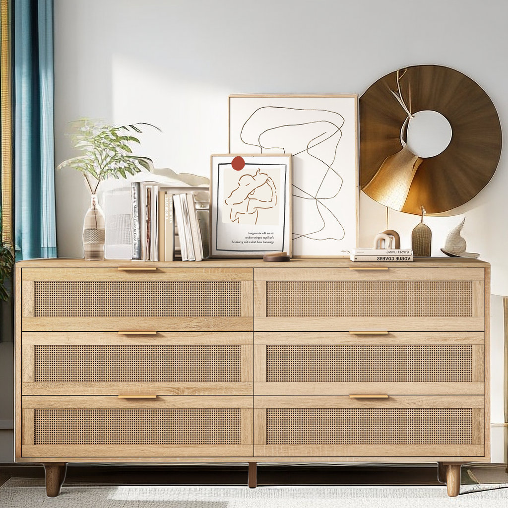 Bayou Breeze Aquala 59'' Wide Natural Rattan 6 - Drawer Dresser ...