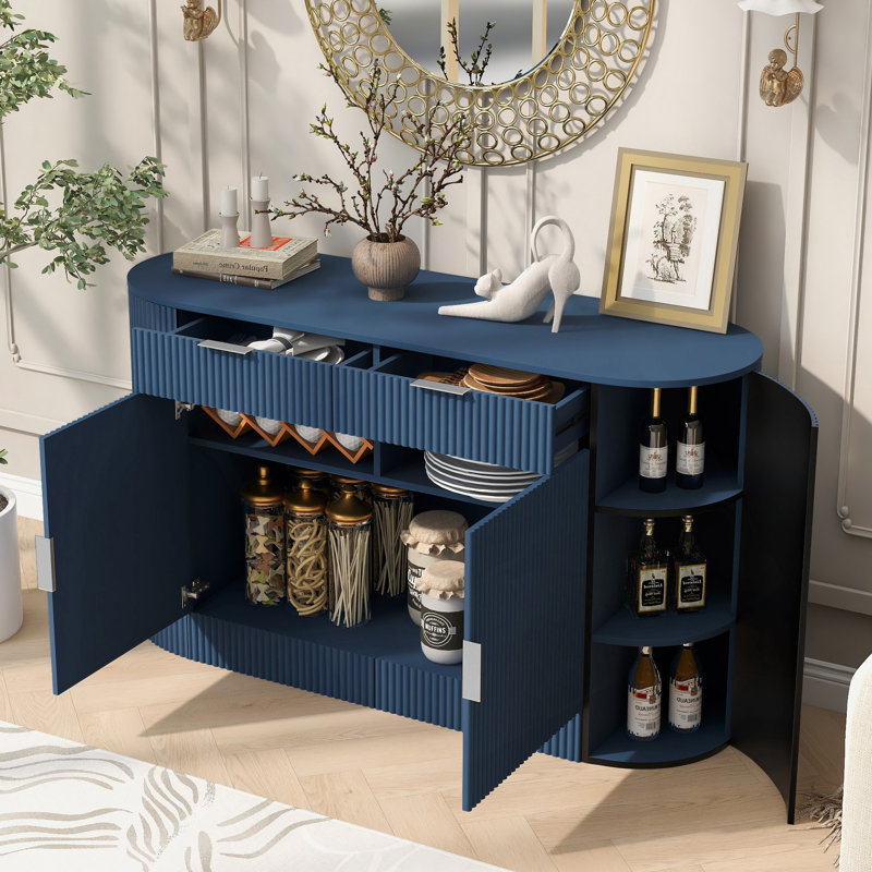 Buffet moderne de 55,1 pouces avec portes incurvées, tiroirs et tablettes polyvalentes pour des solutions de rangement élégantes