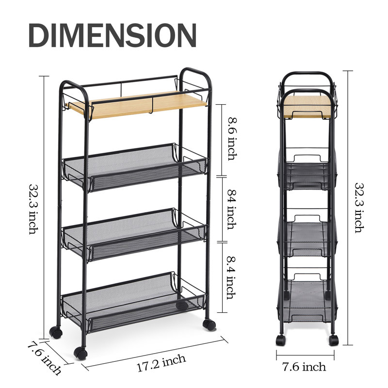 4 Tier Rolling Cart,Metal Cart,Utility Cart with Wheels,Bathroom Cart,Salon Trolley Cart,Kitchen Storage Cart, Gray