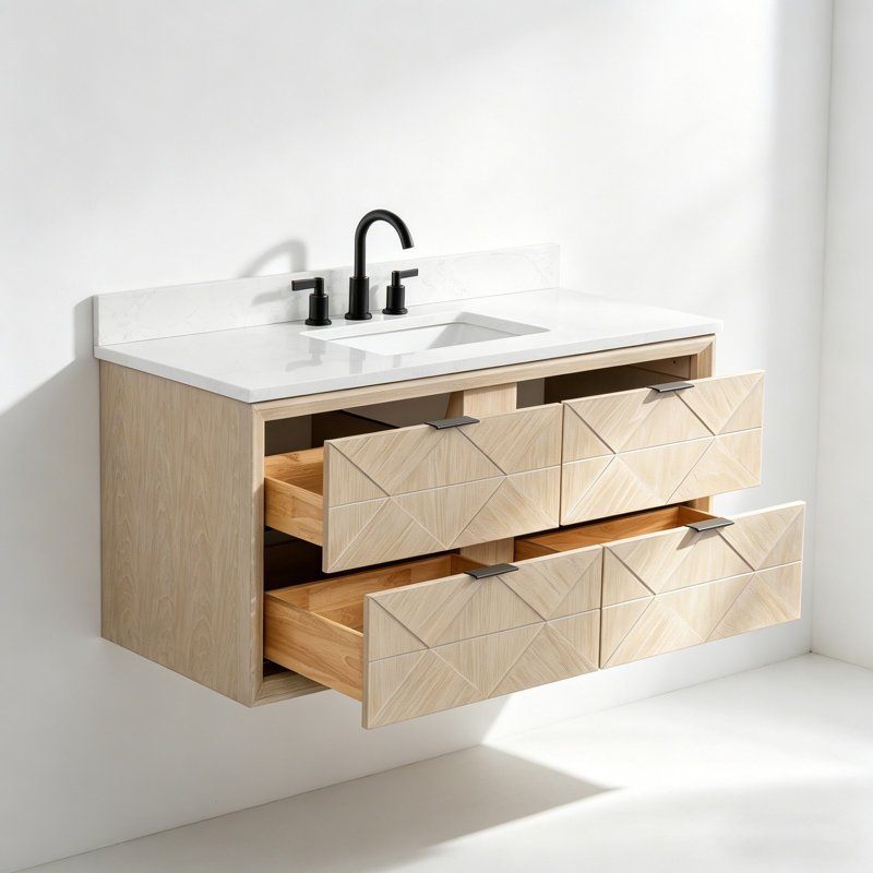 48" Transitional Floating Natural Oak Bath Vanity with Engineered Marble Top, White Washed Oak