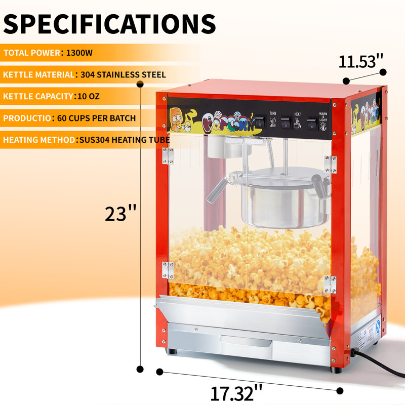 Machine à maïs soufflé commerciale, bouilloire de 10 onces, machine à maïs soufflé de comptoir de 1300 W pour 60 tasses par lot, machine à maïs soufflé de cinéma avec contrôle à 3 interrupteurs, 2 cuillères à café de 1 tasse