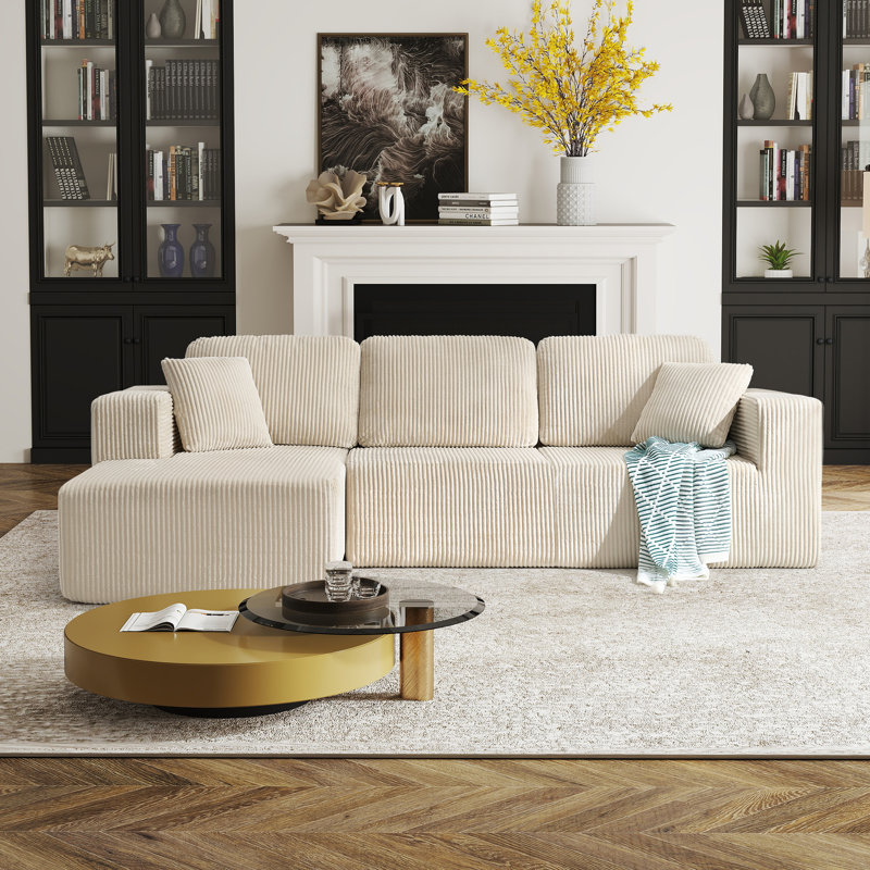 Modern Overstuffed Compression Boneless Corduroy L-Shaped Sectional Sofa With Chaise For Living Room - No Need Assembly