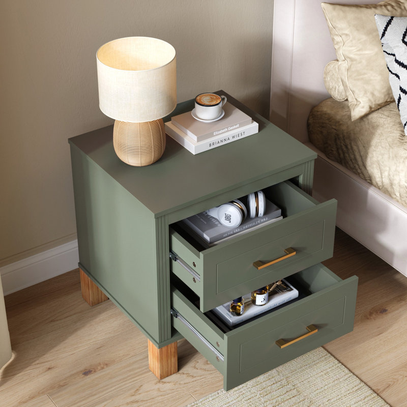 Table de chevet 2 tiroirs Traditional avec pieds en bois massif, Olive, Individual