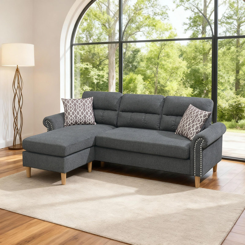 Reversible 2-piece Sectional Sofa With Chaise & Velvet Upholstery, Slate